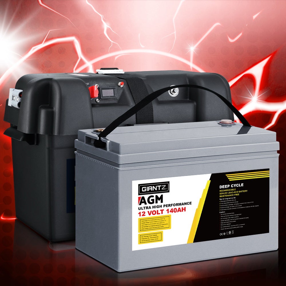 Giantz 140Ah Deep Cycle Battery with Battery Box, showcasing its robust design and features for marine and outdoor use.