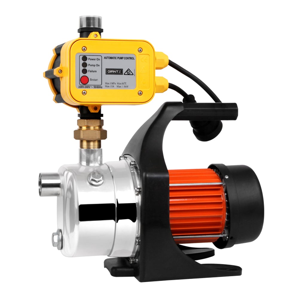 Giantz 1500W High Pressure Garden Water Pump with Automatic Controller, showcasing its stainless steel body and control features.