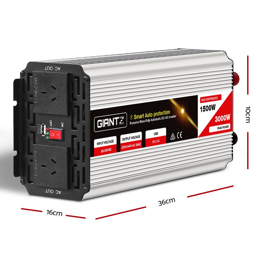 Giantz 1500W Pure Sine Wave DC-AC Power Inverter with dual 240V sockets and USB output, designed for powering AC devices from a 12V source.