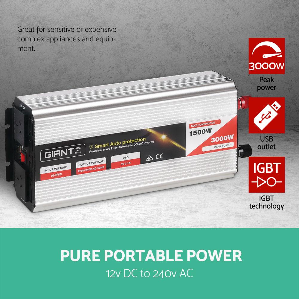Giantz 1500W Pure Sine Wave DC-AC Power Inverter with dual 240V sockets and USB output, designed for powering AC devices from a 12V source.