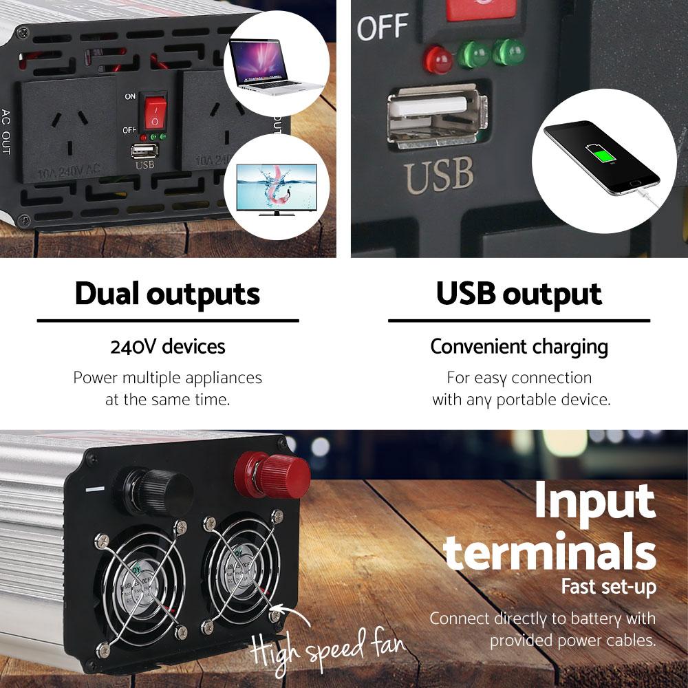 Giantz 1500W Pure Sine Wave DC-AC Power Inverter with dual 240V sockets and USB output, designed for powering AC devices from a 12V source.