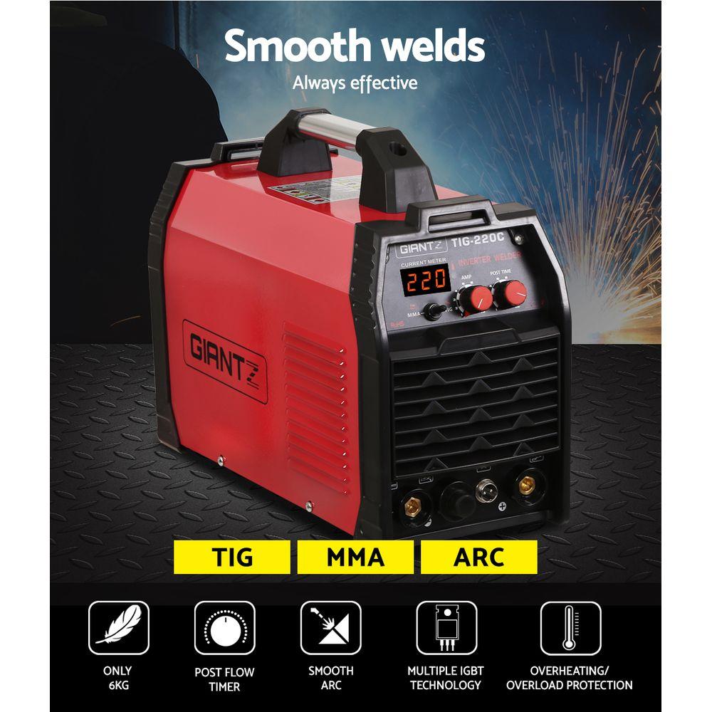 Giantz 220 Amp Inverter Welder showcasing its compact design and user-friendly controls, ideal for TIG and MMA welding.