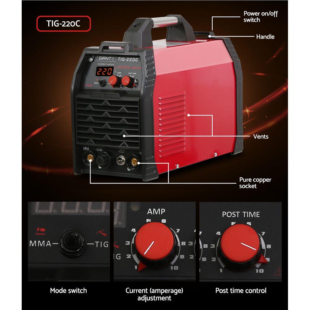 Giantz 220 Amp Inverter Welder showcasing its compact design and user-friendly controls, ideal for TIG and MMA welding.