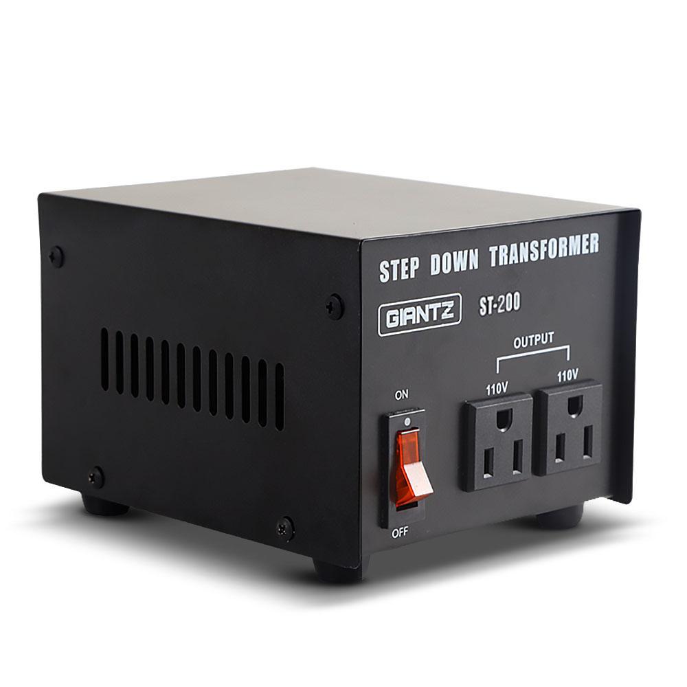 Giantz 200 Watt Step Down Transformer with black casing and standard Australian plug, designed for converting AC240V to AC110V.