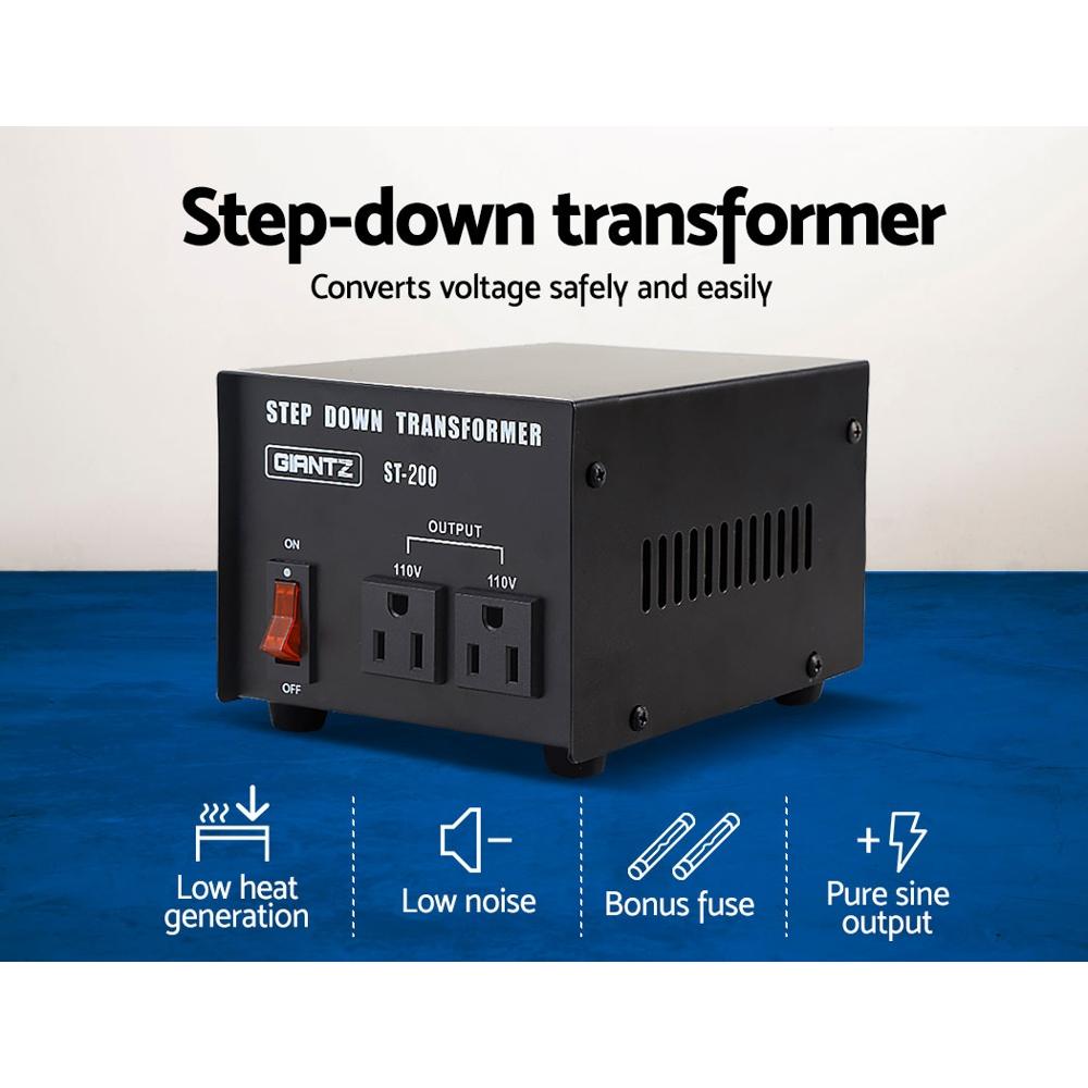 Giantz 200 Watt Step Down Transformer with black casing and standard Australian plug, designed for converting AC240V to AC110V.