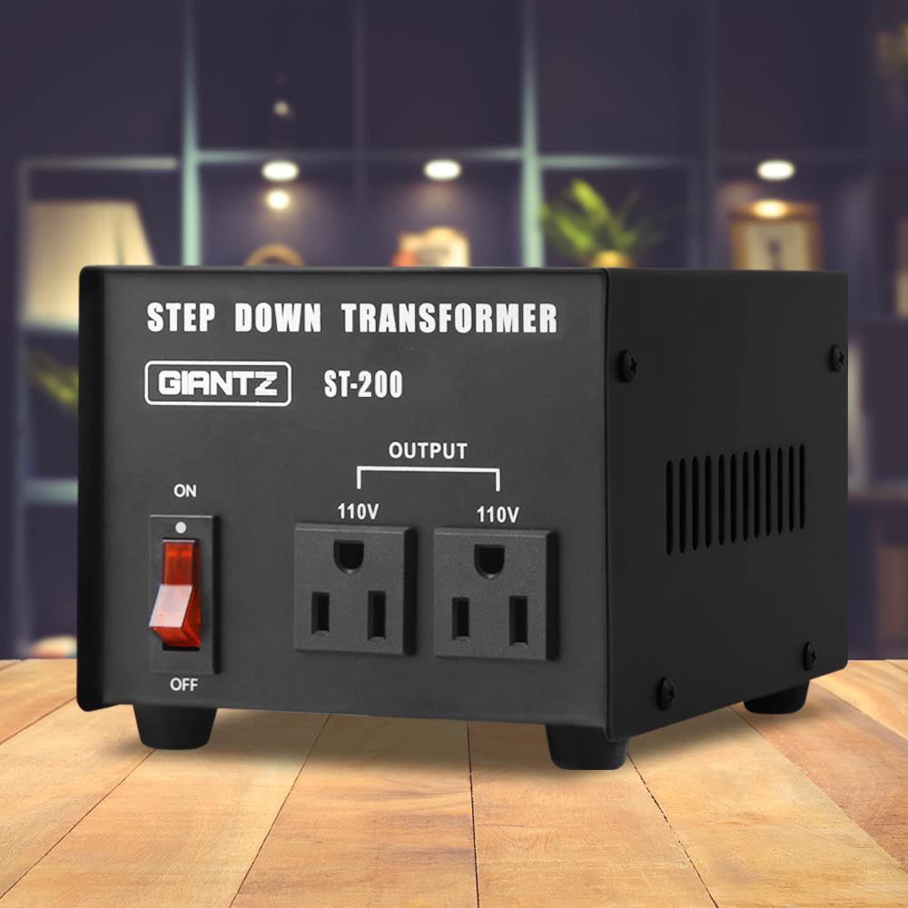 Giantz 200 Watt Step Down Transformer with black casing and standard Australian plug, designed for converting AC240V to AC110V.