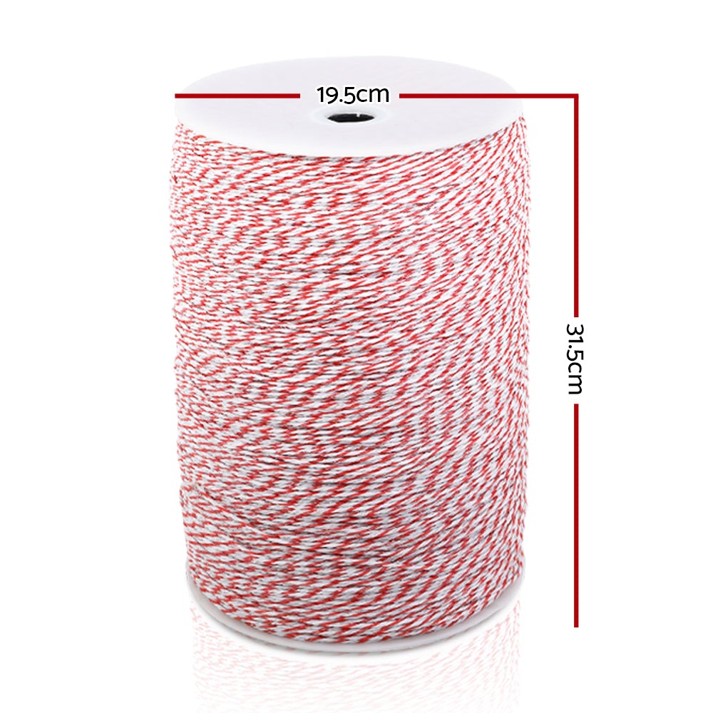 Giantz 2000M Polywire Roll in red and white, showcasing its stainless steel strands for electric fencing.