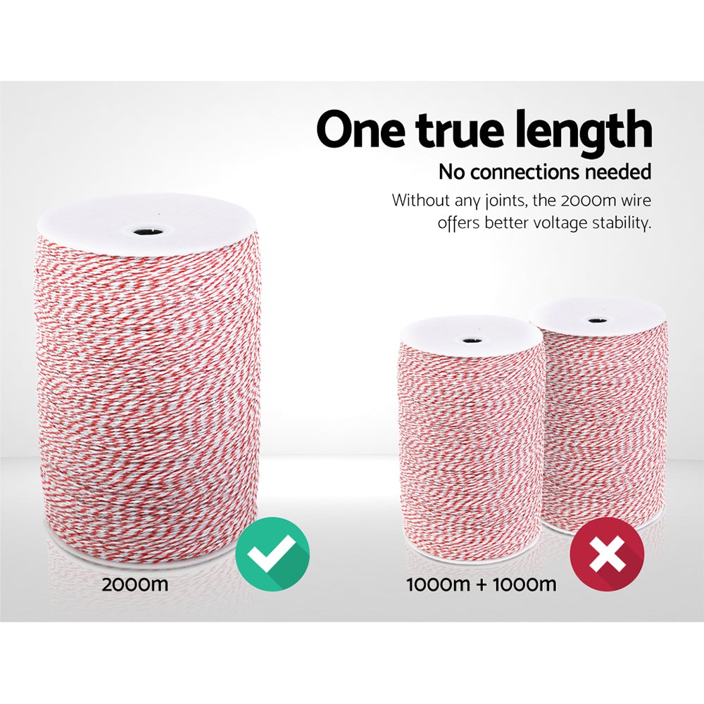 Giantz 2000M Polywire Roll in red and white, showcasing its stainless steel strands for electric fencing.