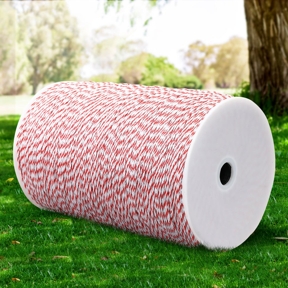 Giantz 2000M Polywire Roll in red and white, showcasing its stainless steel strands for electric fencing.