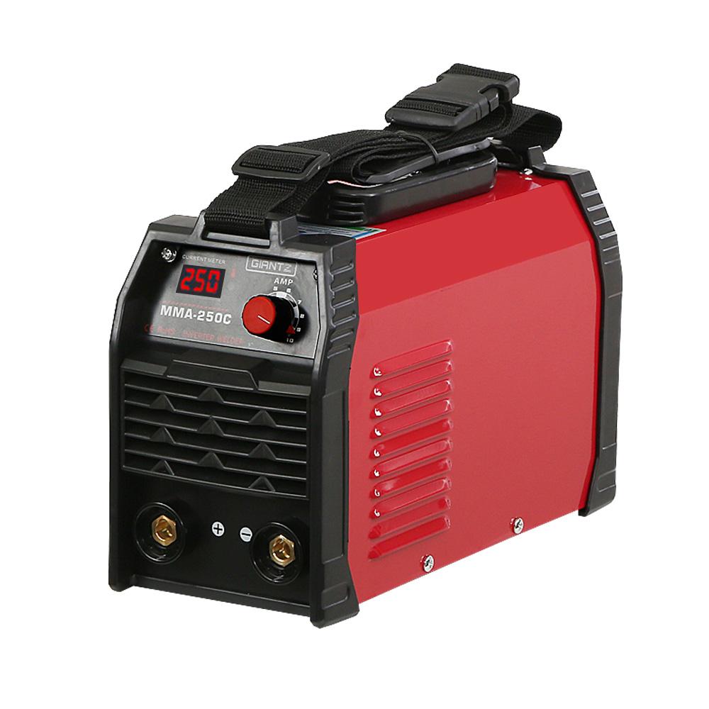 Giantz 250 Amp Inverter Welder with digital display and accessories, showcasing its compact design and advanced features.