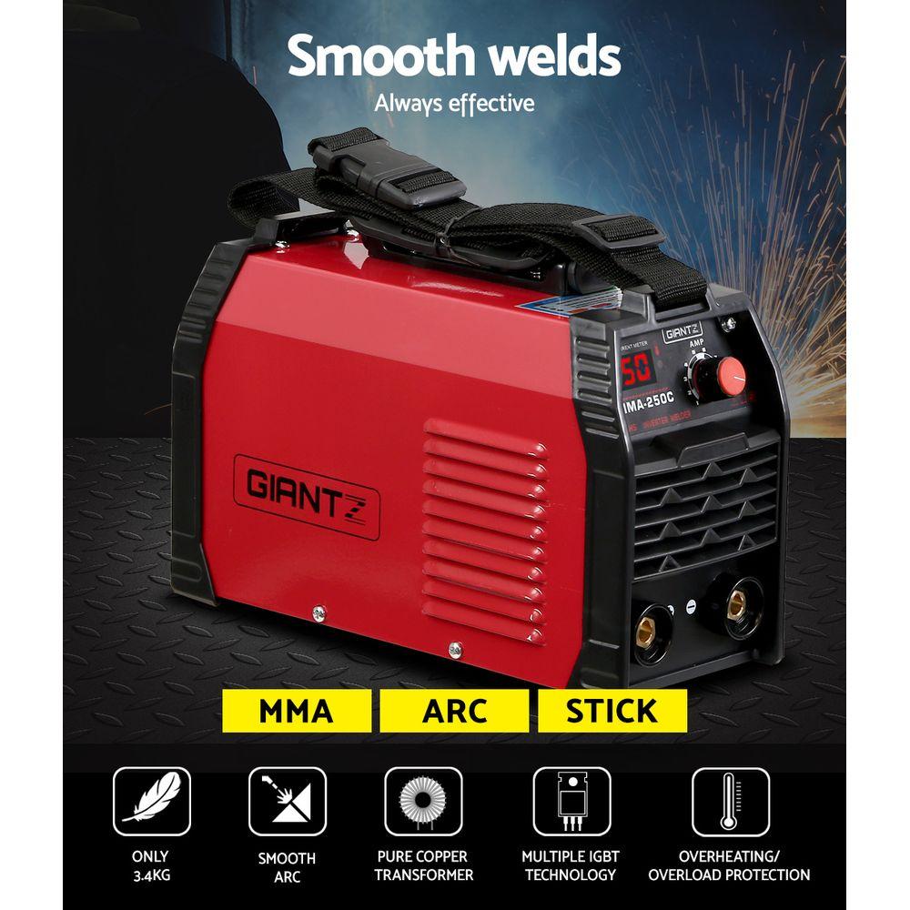 Giantz 250 Amp Inverter Welder with digital display and accessories, showcasing its compact design and advanced features.