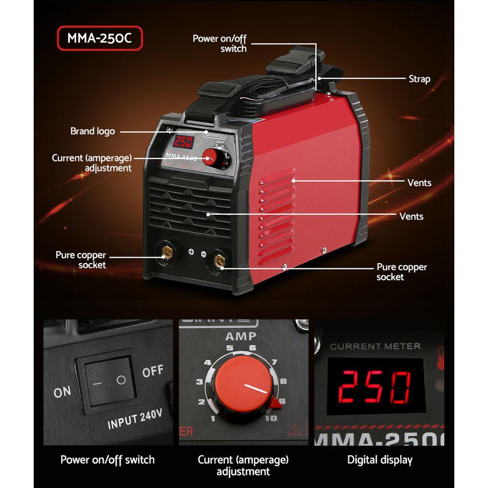 Giantz 250 Amp Inverter Welder with digital display and accessories, showcasing its compact design and advanced features.