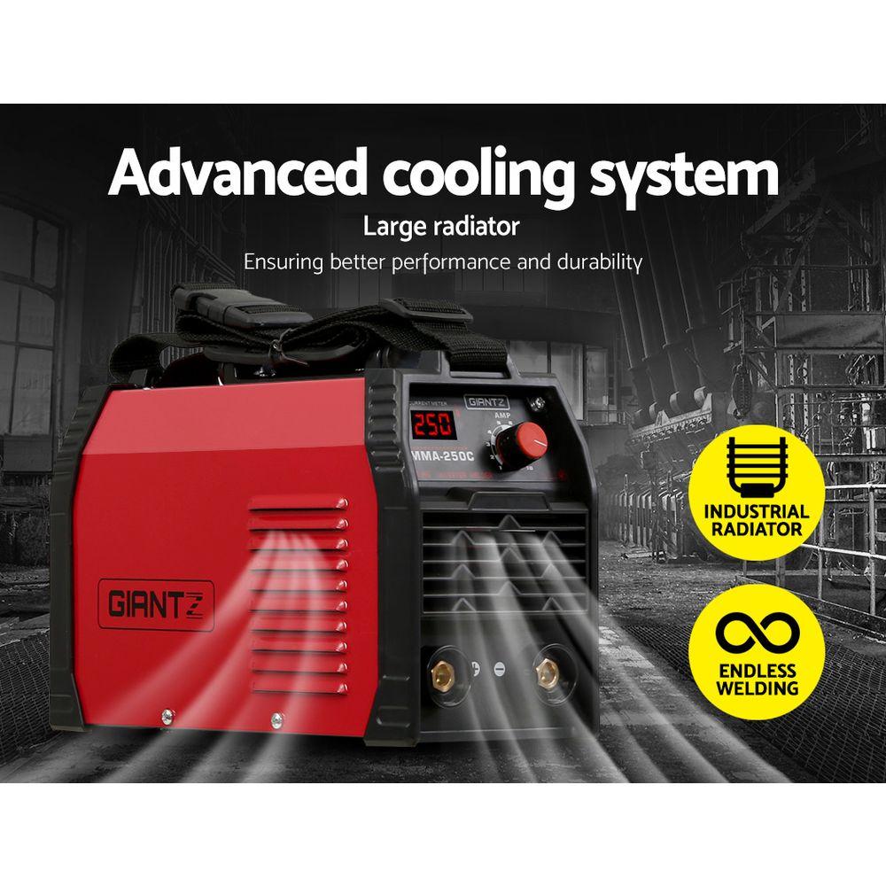 Giantz 250 Amp Inverter Welder with digital display and accessories, showcasing its compact design and advanced features.