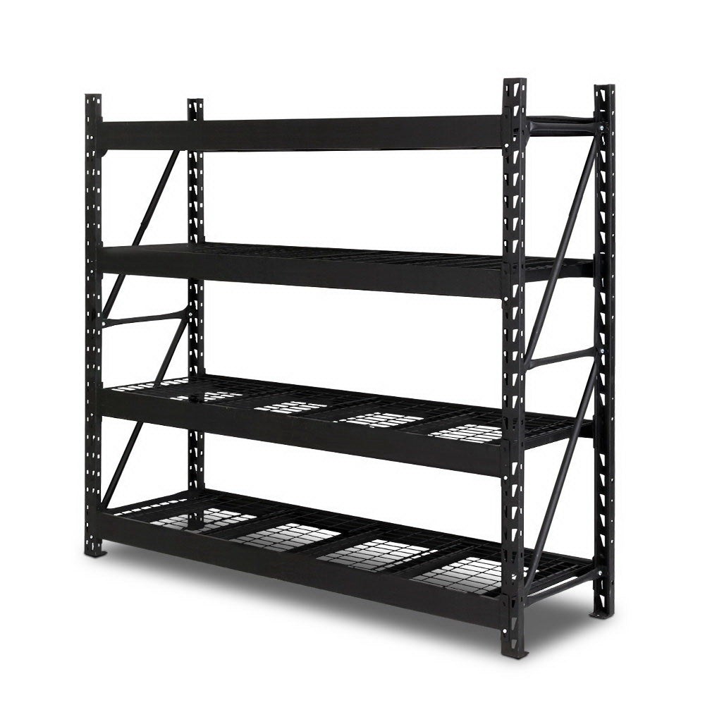 Giantz 2M Warehouse Racking Shelving unit made of heavy-duty steel, featuring four adjustable shelves and a rust-resistant black finish.