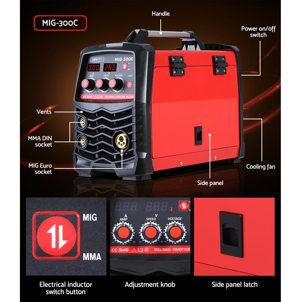 Giantz 300 Amp Inverter Welder showcasing its compact design and digital display, ideal for MIG and MMA welding.
