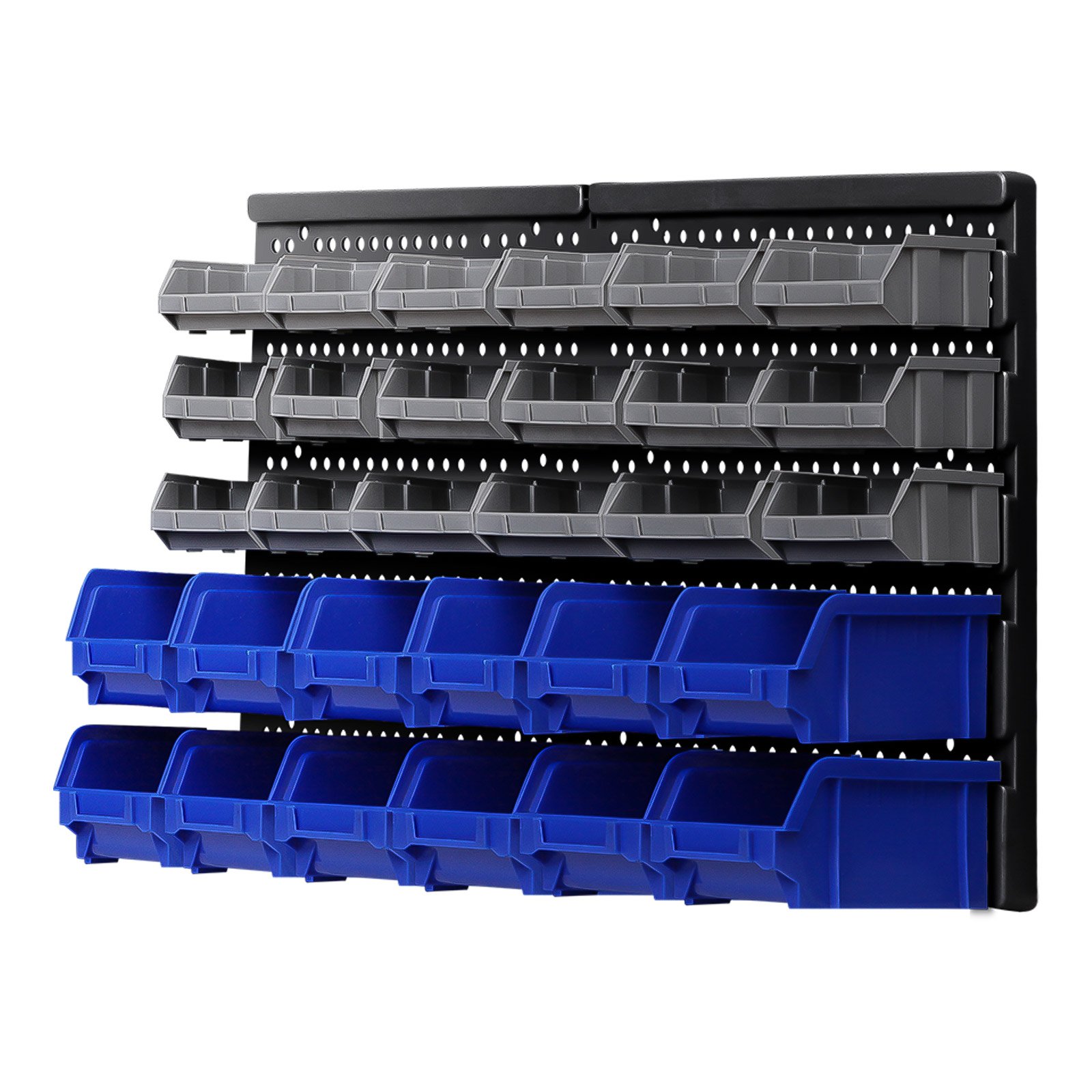 Giantz 30 Bin Wall Mounted Rack Storage Organiser with detachable bins for tools and accessories, showcasing heavy-duty construction and pegboard design.