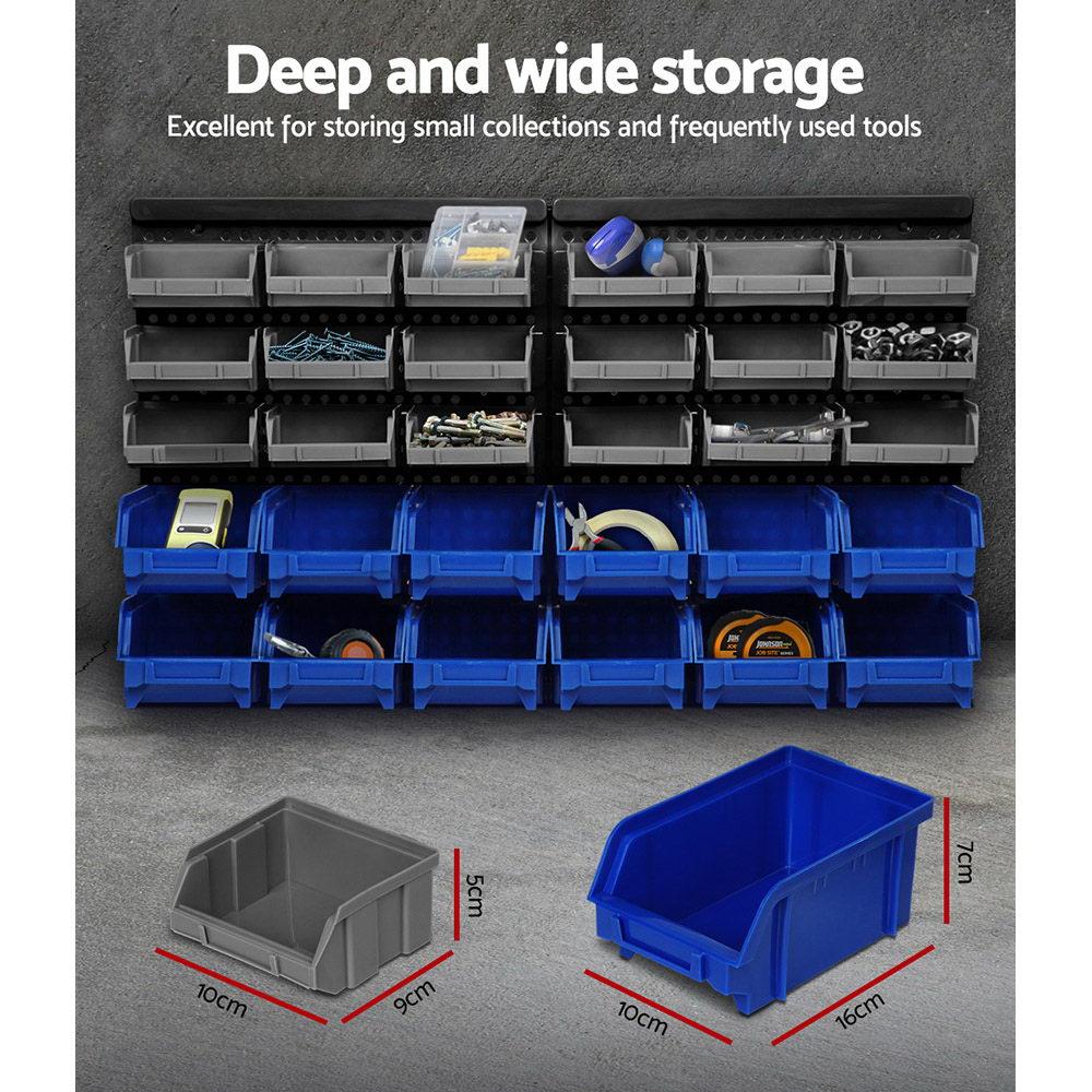 Giantz 30 Bin Wall Mounted Rack Storage Organiser with detachable bins for tools and accessories, showcasing heavy-duty construction and pegboard design.