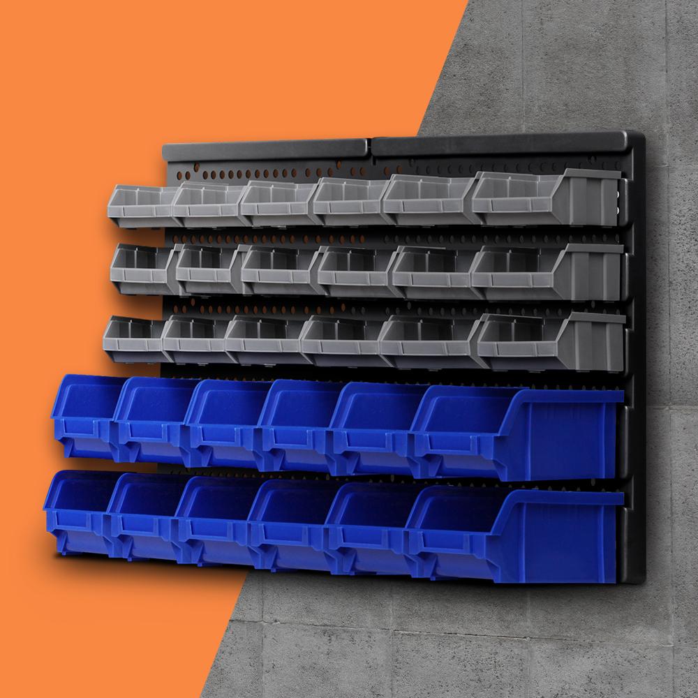 Giantz 30 Bin Wall Mounted Rack Storage Organiser with detachable bins for tools and accessories, showcasing heavy-duty construction and pegboard design.