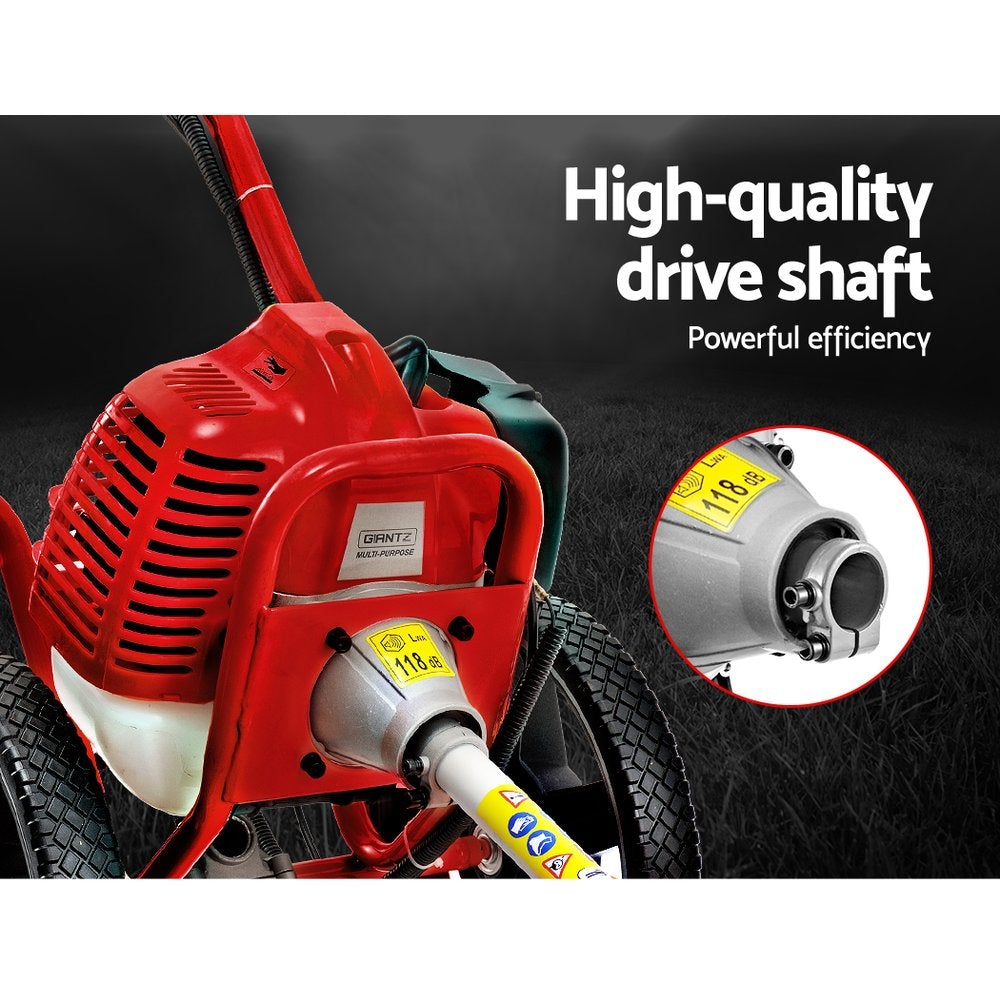 Giantz 3-in-1 62cc Petrol Wheel Brush Cutter with attachments, showcasing its lightweight design and powerful engine.