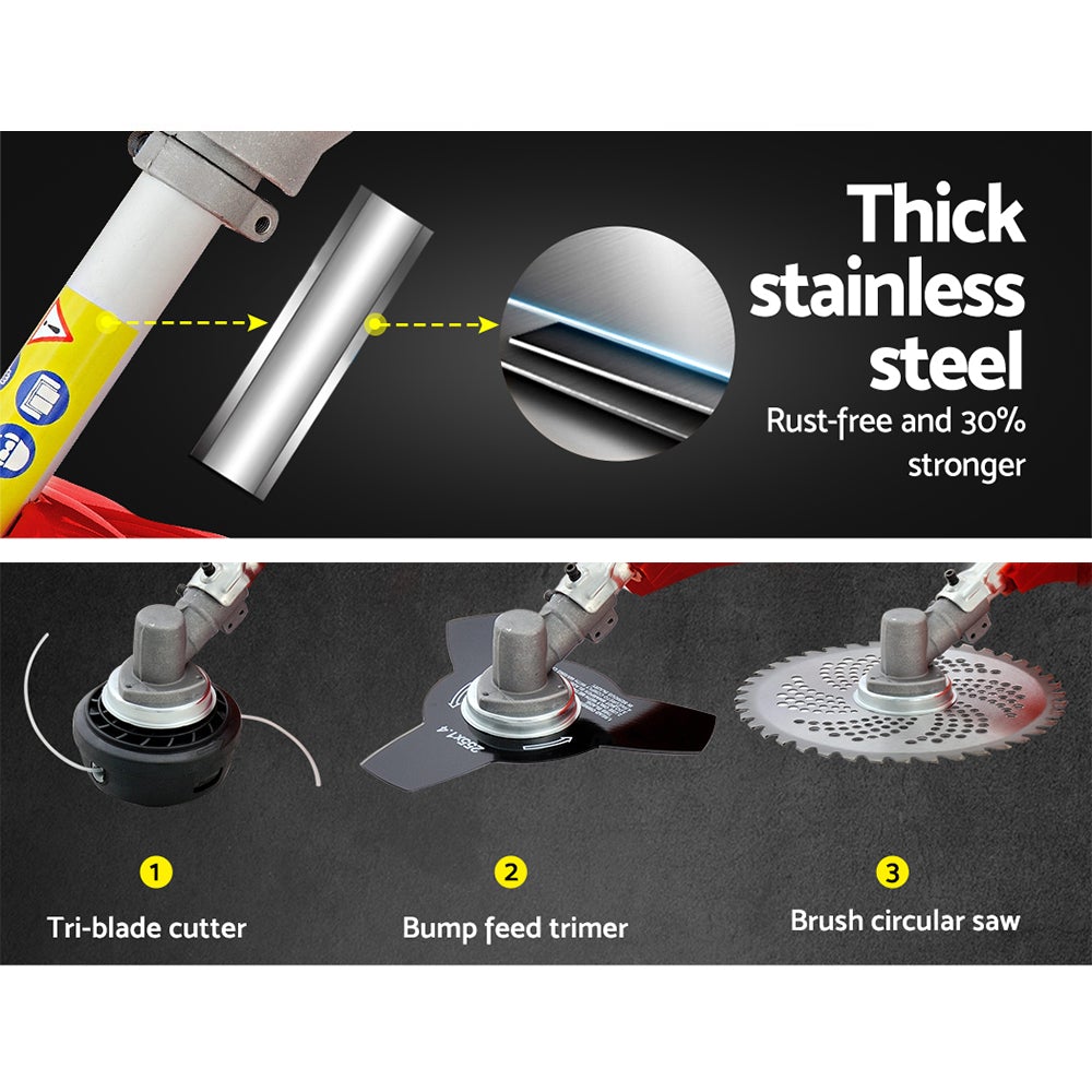 Giantz 3-in-1 62cc Petrol Wheel Brush Cutter with attachments, showcasing its lightweight design and powerful engine.