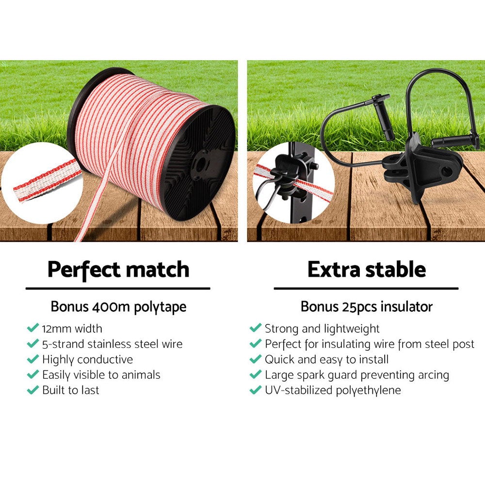 Giantz 3km Solar Electric Fence Energiser with 400m polytape and accessories, designed for effective livestock management.