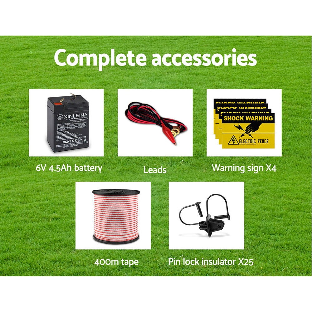 Giantz 3km Solar Electric Fence Energiser with 400m polytape and accessories, designed for effective livestock management.