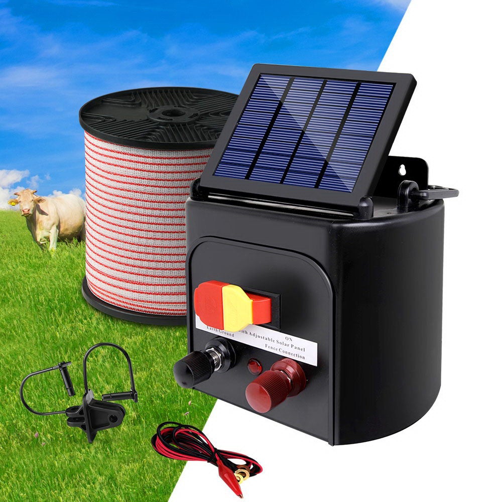 Giantz 3km Solar Electric Fence Energiser with 400m polytape and accessories, designed for effective livestock management.