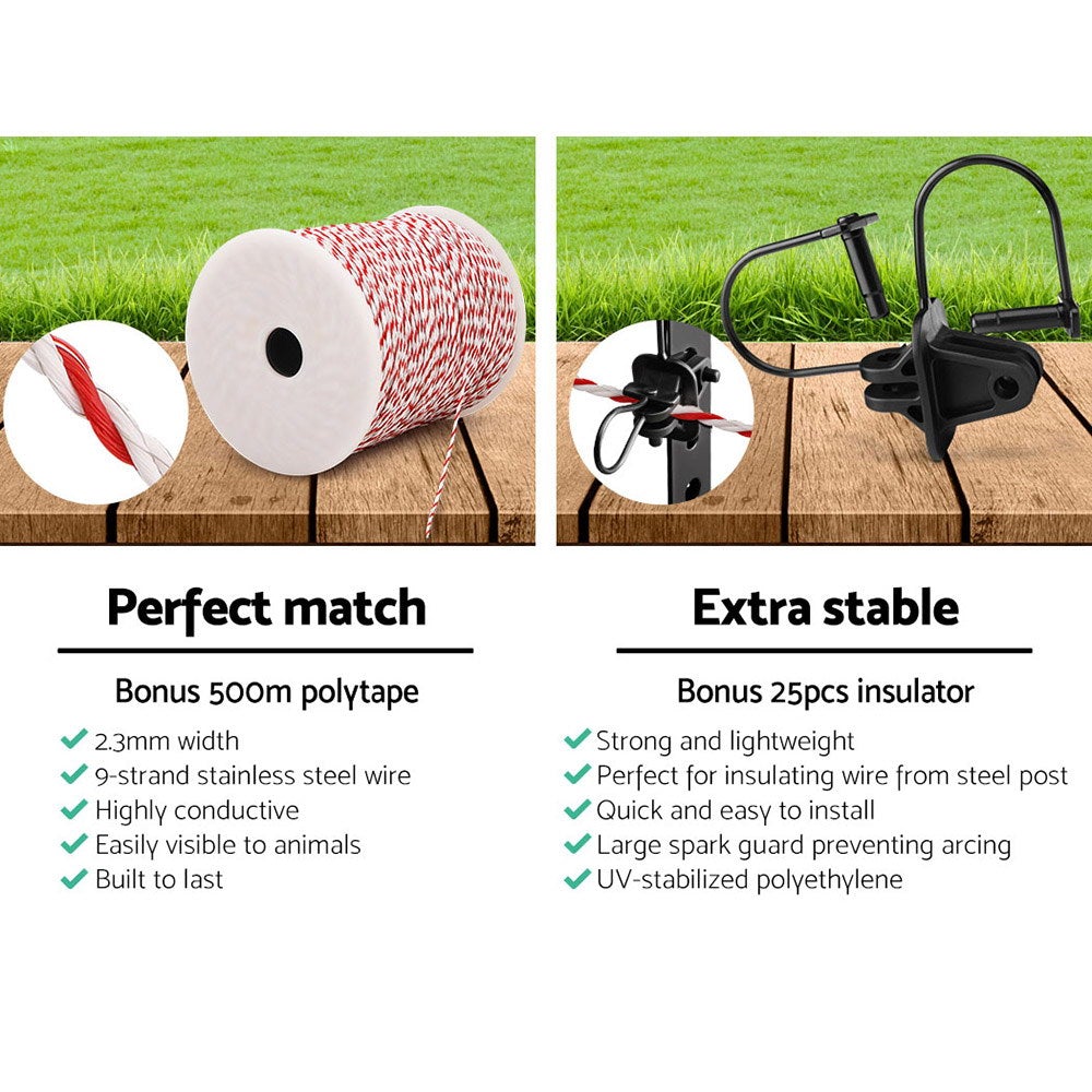 Giantz 3km Solar Electric Fence Energiser with 500m polywire, insulators, and warning signs, designed for effective livestock management.