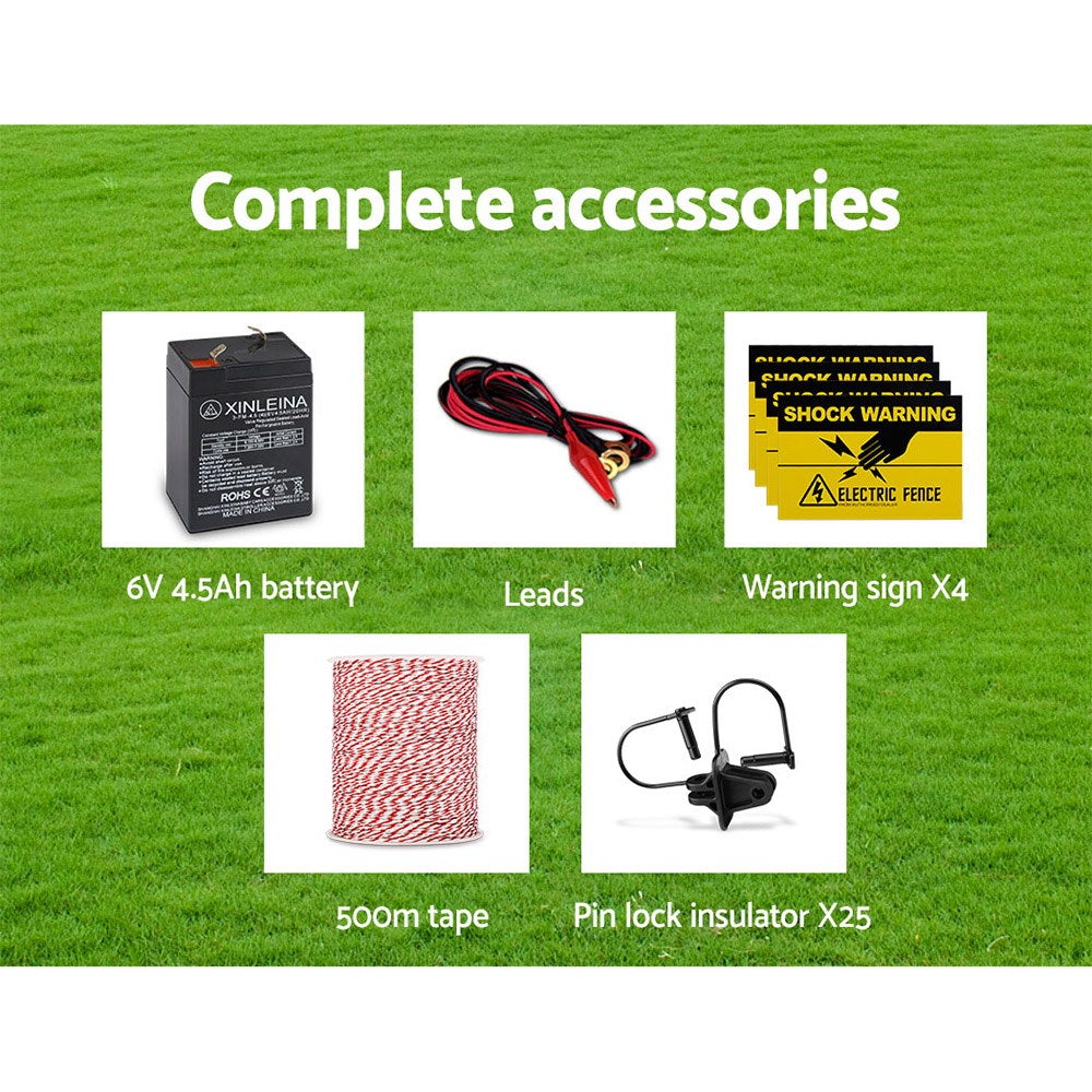 Giantz 3km Solar Electric Fence Energiser with 500m polywire, insulators, and warning signs, designed for effective livestock management.