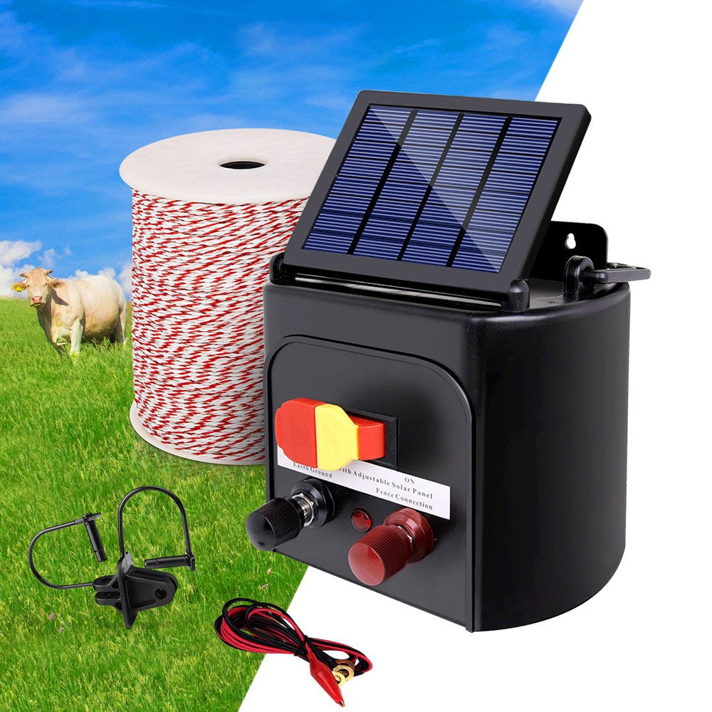 Giantz 3km Solar Electric Fence Energiser with 500m polywire, insulators, and warning signs, designed for effective livestock management.