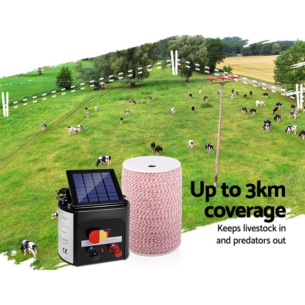 Giantz 3KM Solar Electric Fence Energiser with poly wire, showcasing its compact design and solar panel.