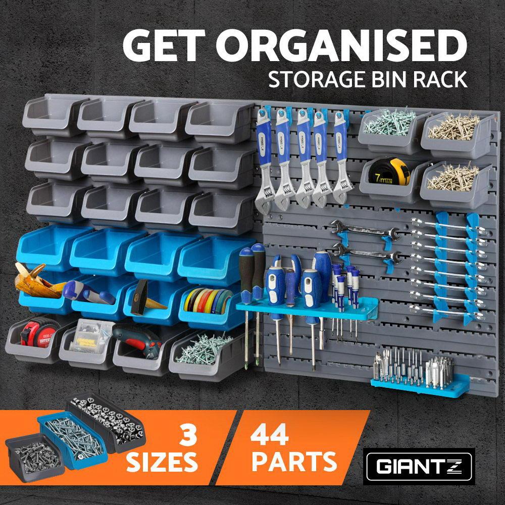 Giantz 44 Bin Wall Mounted Rack Storage Organiser with various bins and tool holders for efficient storage.