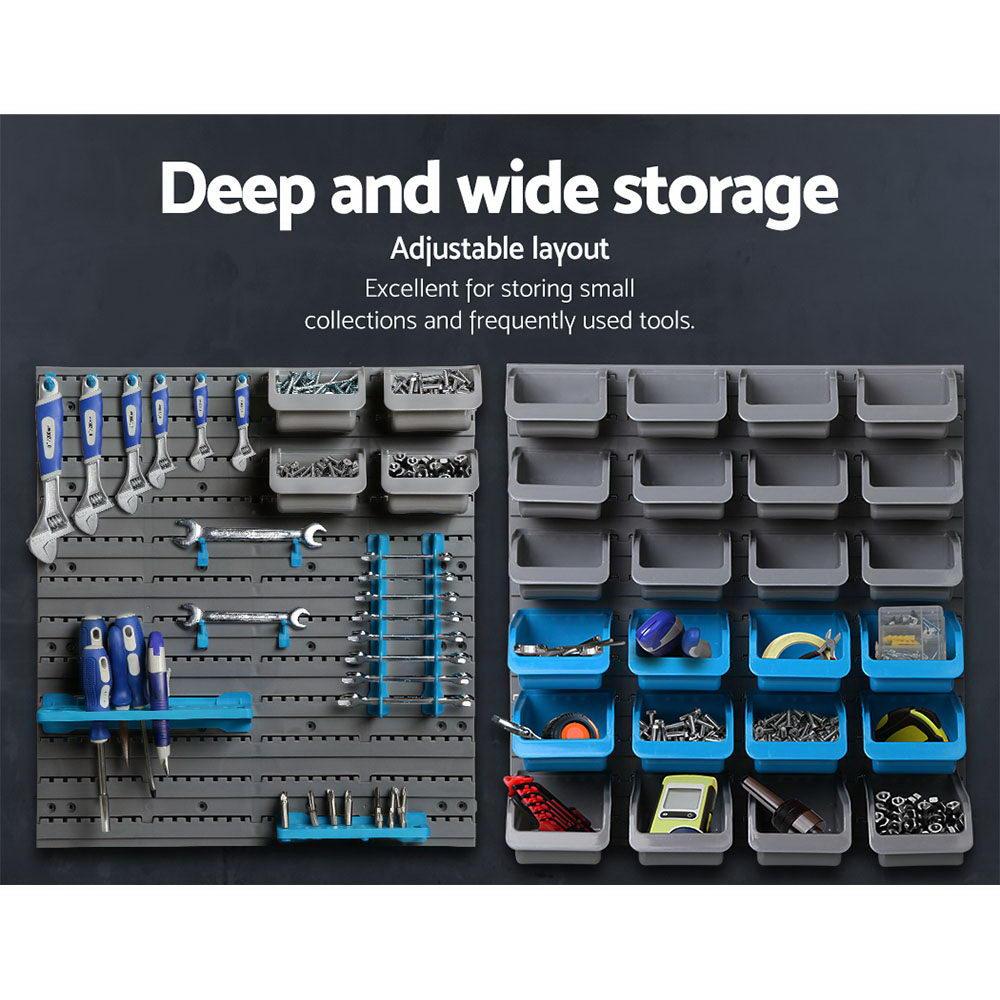 Giantz 44 Bin Wall Mounted Rack Storage Organiser with various bins and tool holders for efficient storage.