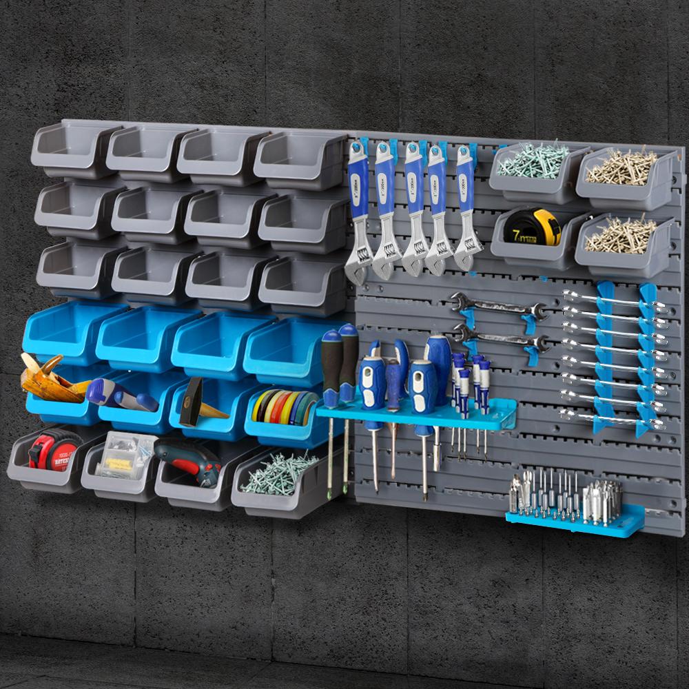 Giantz 44 Bin Wall Mounted Rack Storage Organiser with various bins and tool holders for efficient storage.