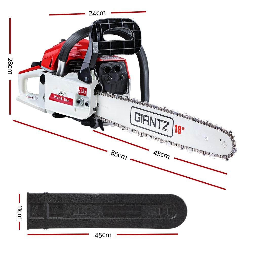 GIANTZ 45CC Petrol Commercial Chainsaw with 18-inch bar and chain, showcasing its robust design and safety features.