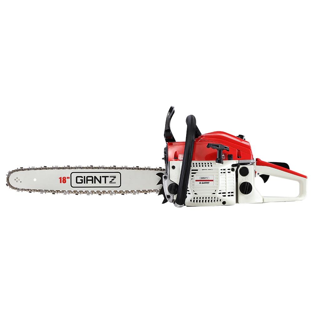 GIANTZ 45CC Petrol Commercial Chainsaw with 18-inch bar and chain, showcasing its robust design and safety features.