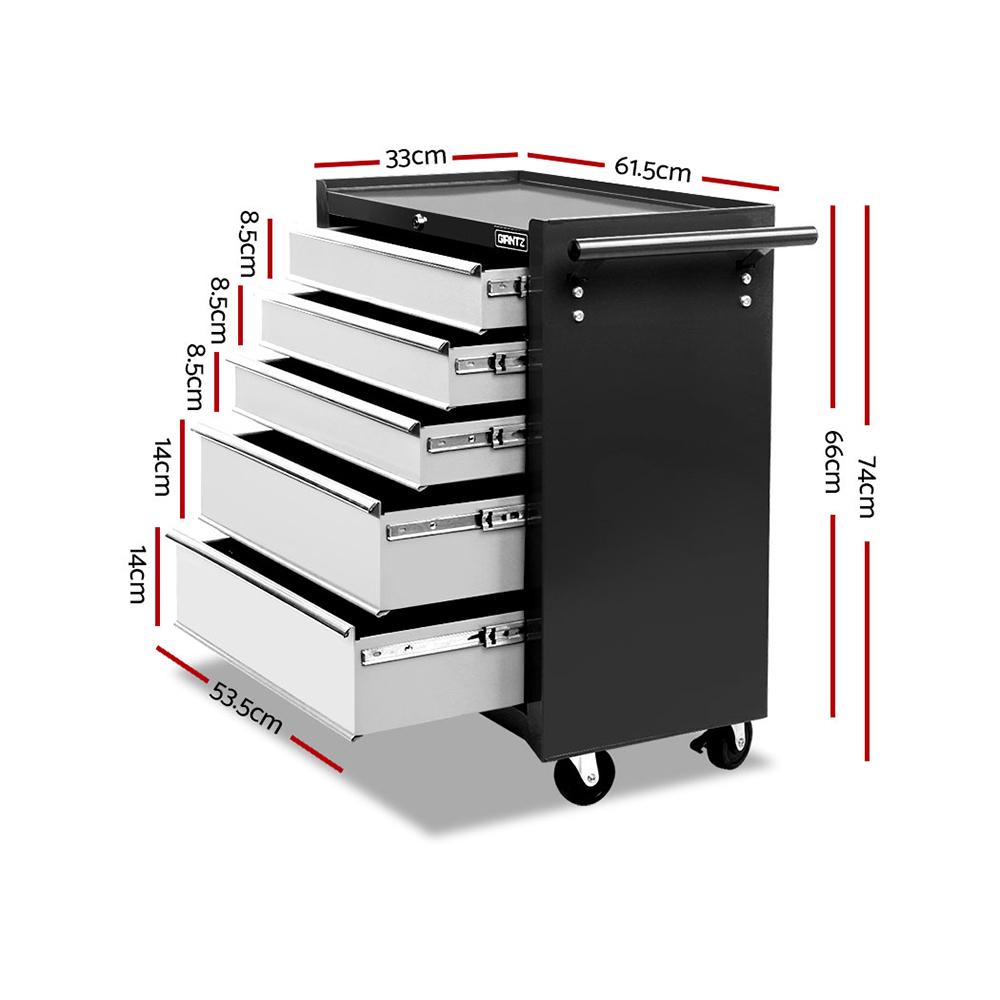 Giantz 5 Drawer Mechanic Tool Box in black and grey, featuring five spacious drawers and sturdy castors for mobility.