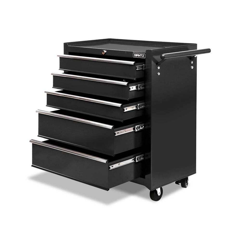 Giantz 5 Drawer Mechanic Tool Box Storage Trolley in black, featuring five lockable drawers and mobility castors.