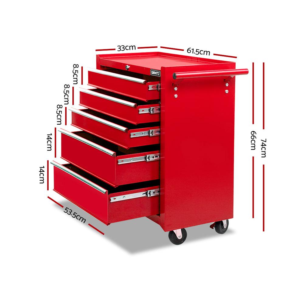 Giantz 5 Drawer Mechanic Tool Box Storage Trolley in red with five lockable drawers and castors for mobility.