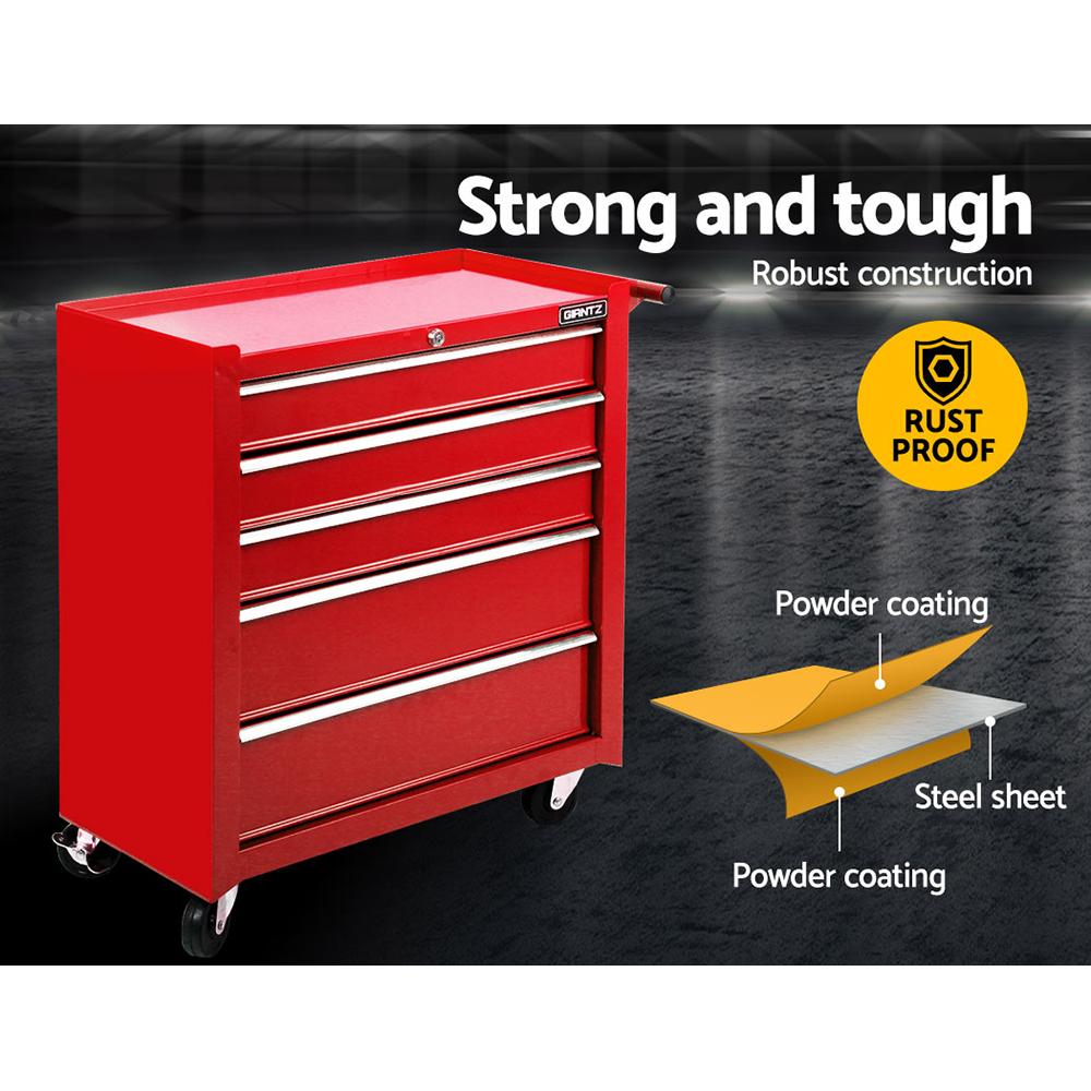 Giantz 5 Drawer Mechanic Tool Box Storage Trolley in red with five lockable drawers and castors for mobility.