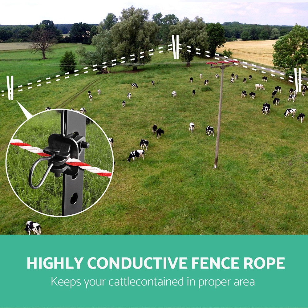 Giantz 500m Stainless Steel Polywire Electric Fence in red and white, showcasing its durability and visibility for livestock management.