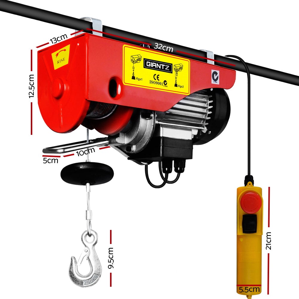 Giantz 510W Electric Hoist Winch with high tensile cable and metal hook, showcasing its robust design and emergency stop switch.