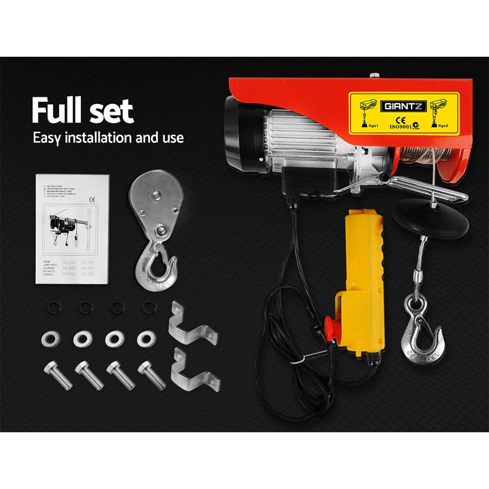 Giantz 510W Electric Hoist Winch with high tensile cable and metal hook, showcasing its robust design and emergency stop switch.