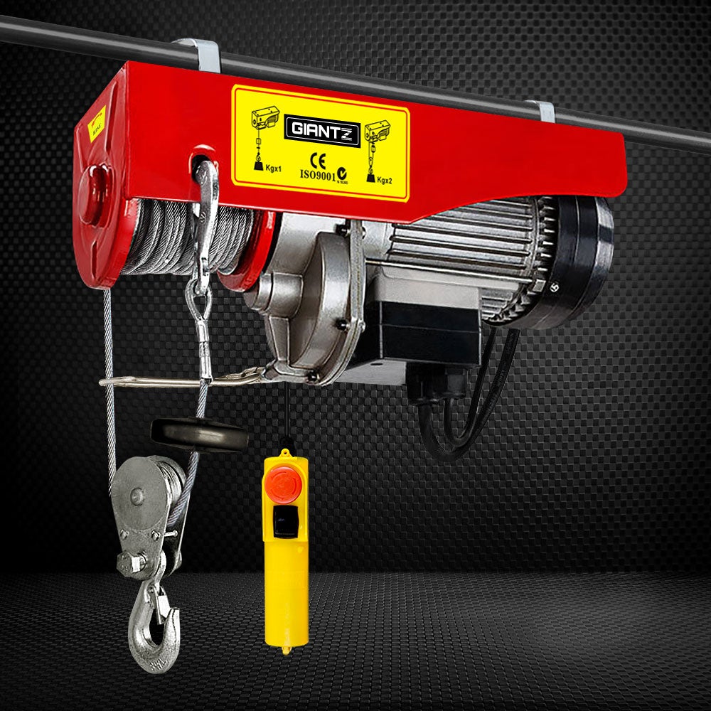 Giantz 510W Electric Hoist Winch with high tensile cable and metal hook, showcasing its robust design and emergency stop switch.