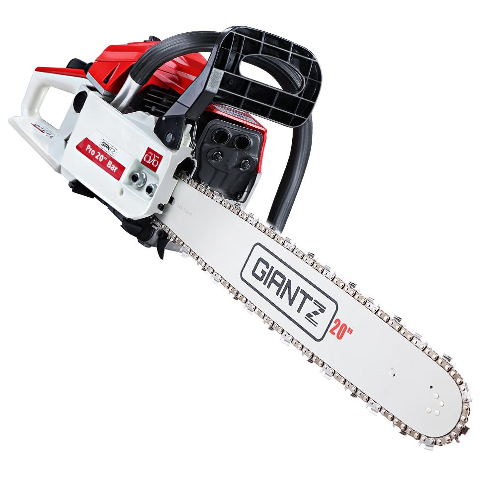 GIANTZ 52CC Petrol Chainsaw with a 20-inch Oregon bar and chain, showcasing its powerful engine and ergonomic design for efficient cutting.