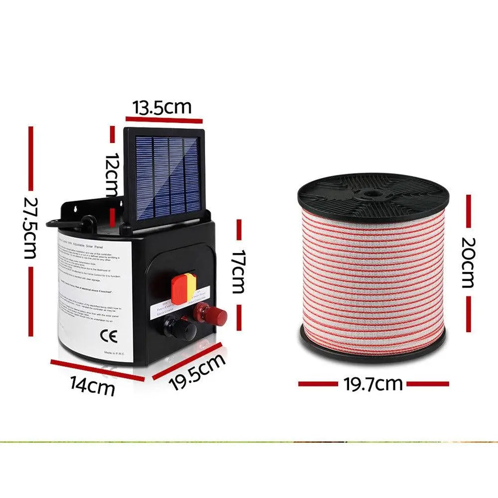 Giantz 5km Solar Electric Fence Energiser with 400m polytape and accessories, showcasing its compact design and solar panel.