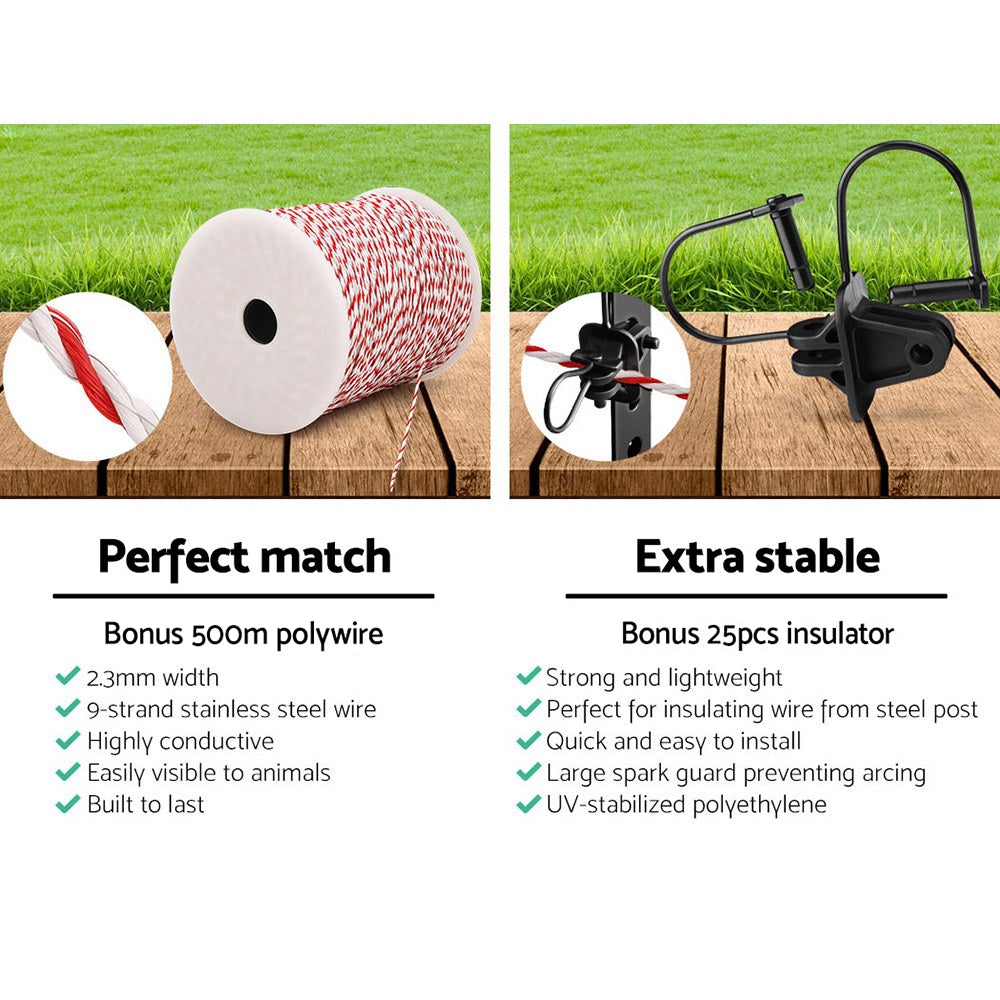 Giantz 5km Solar Electric Fence Energiser with accessories including polywire, insulators, and warning signs, designed for livestock safety.