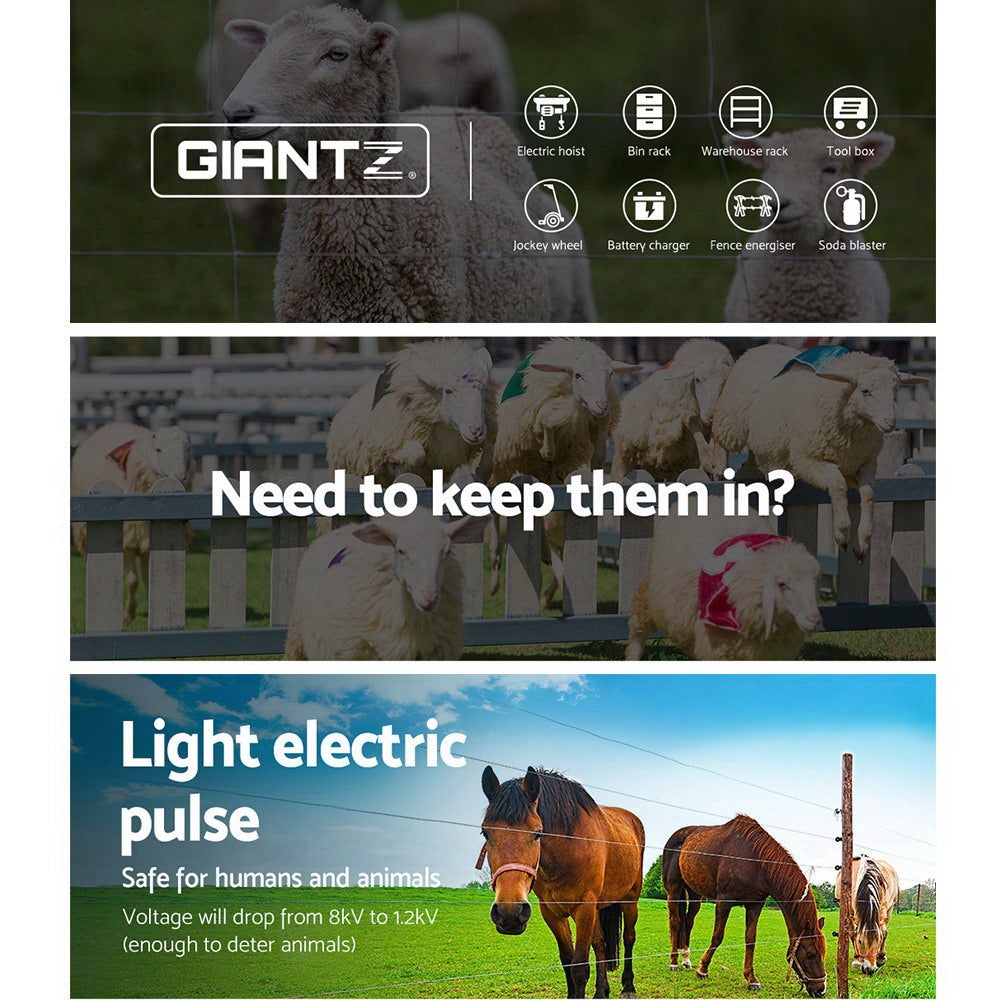 Giantz 5KM Solar Electric Fence Energiser with poly wire and warning signs, designed for effective livestock management.