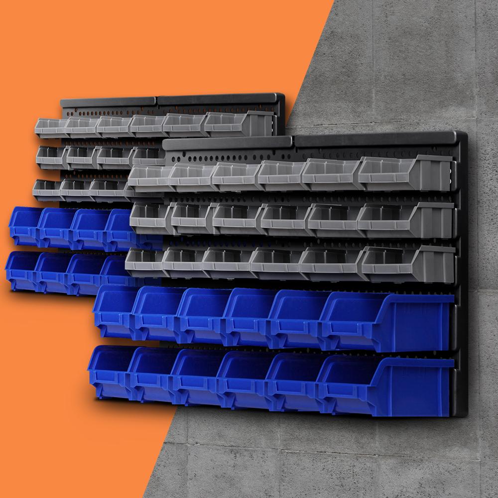 Giantz 60 Bin Wall Mounted Rack featuring multiple detachable bins for tool storage, heavy-duty pegboard, and organized workspace.
