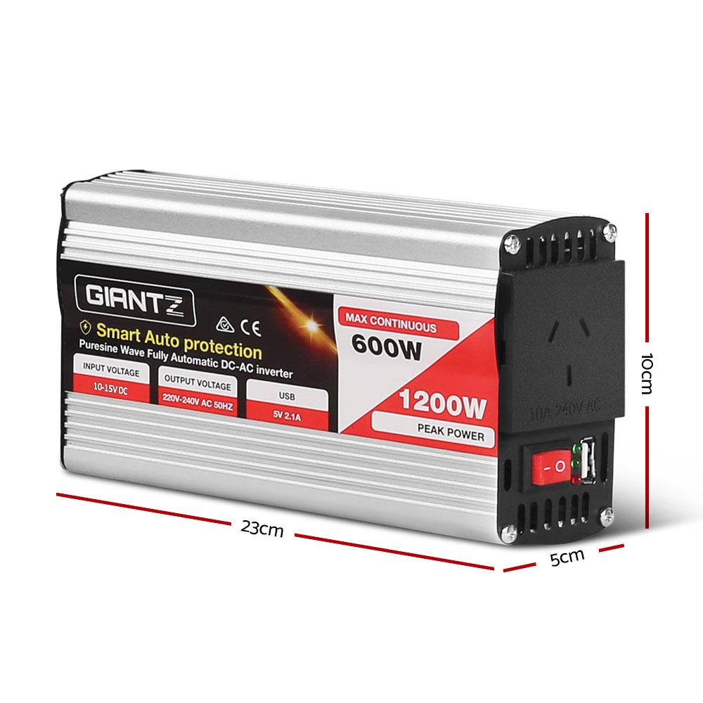 Giantz 600W Pure Sine Wave DC-AC Power Inverter with dual 240V sockets and USB output, designed for powering sensitive electronics.